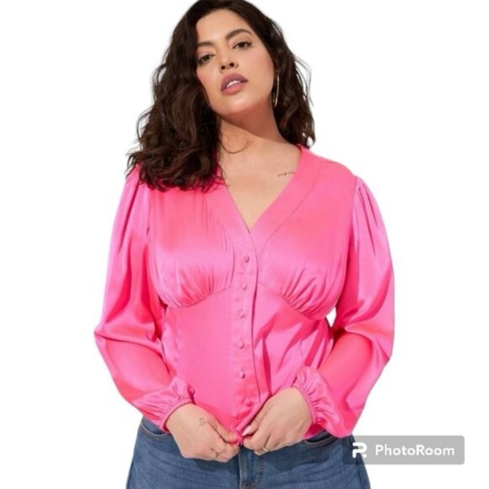 Torrid Pink V-Neck Button-Front Satin Blouse - Women's Top